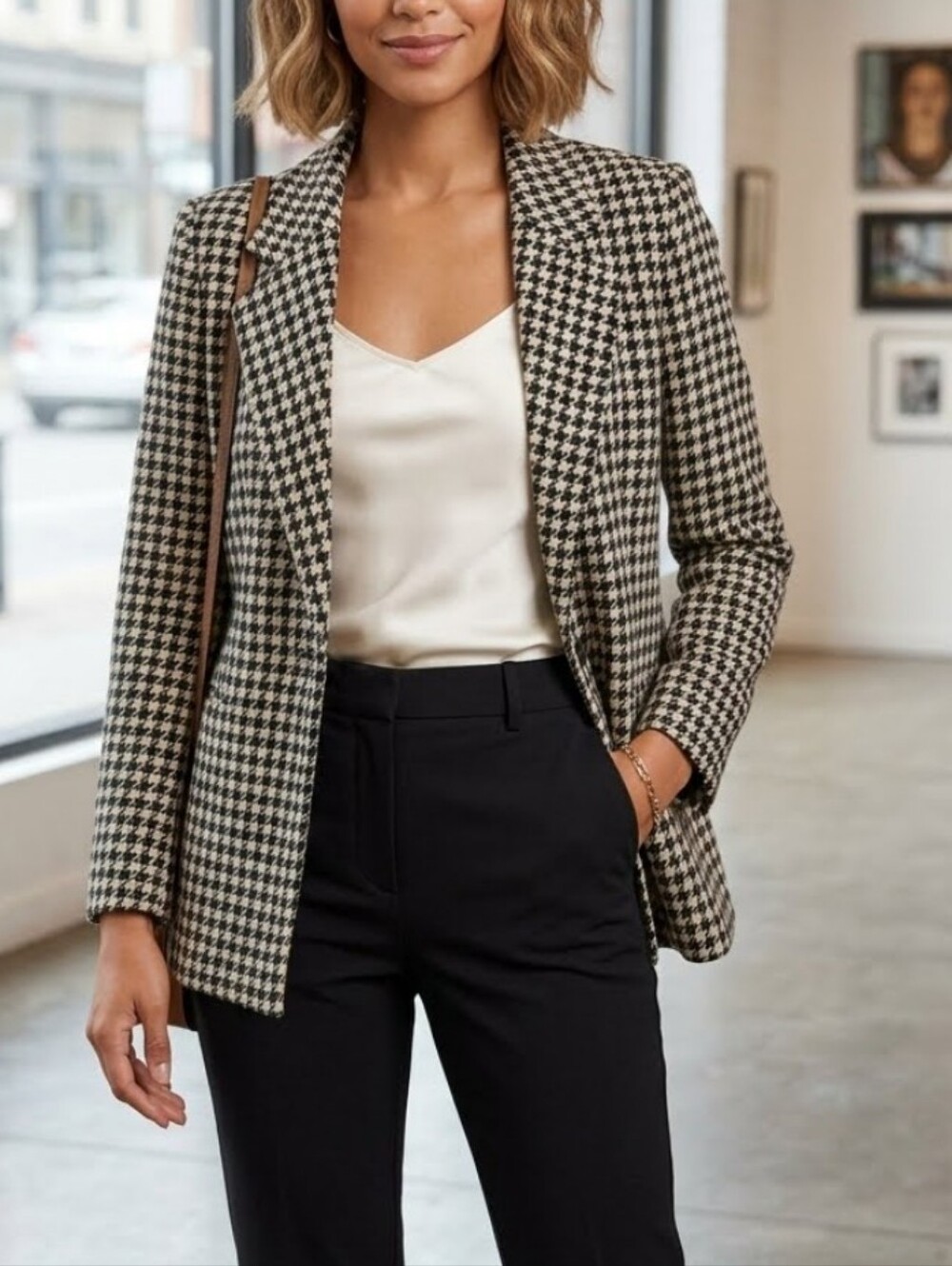 Devon Vintage 80s Classic Houndstooth Single Button Notch Collar Pocketed Blazer